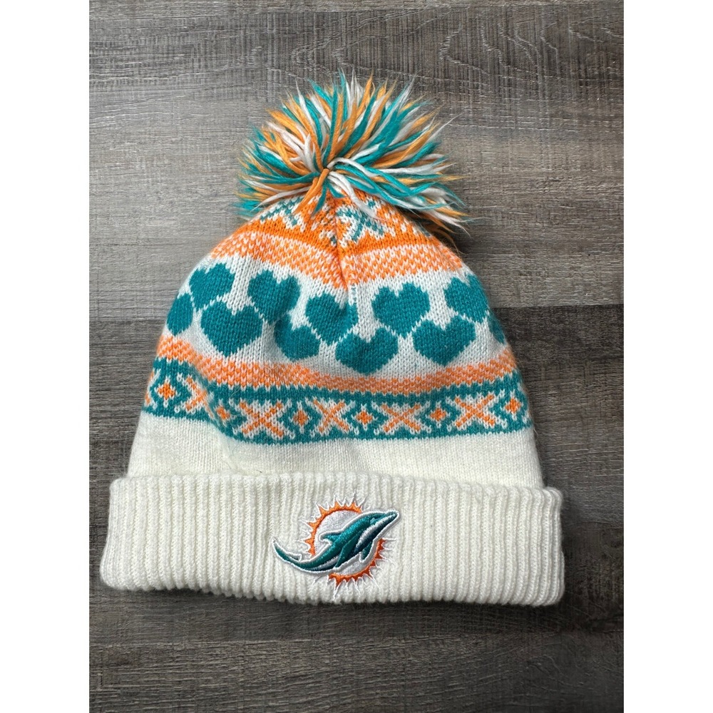 New Era NFL Miami Dolphins Women Knit Beanie Pom Hat Fair Isle Heart White Teal